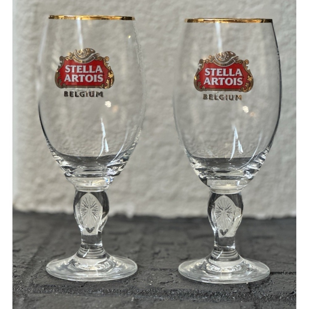 Set of 2 Stella Artois Anniversary Chalice 33cl Beer Glass Belgium Gold Rim